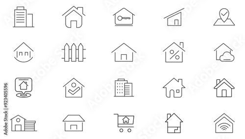 Home and house line icon collection. Real estate, building, key, smart home, family, home loan, rent house, and management icon set. UI outline icons pack