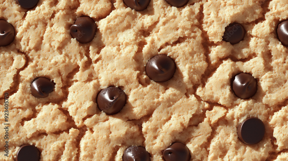Extreme close-up of a single chocolate chip cookie surface texture. Golden-brown, slightly bumpy surface with scattered dark chocolate chips. Extreme close-up of a single chocolate chip cookie surface texture. Golden-brown, slightly bumpy surface with scattered dark chocolate chips.