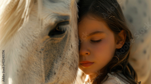 Close-up of a Pegasus nuzzling a young girl, their gentle interaction capturing a moment of magic and innocence photo