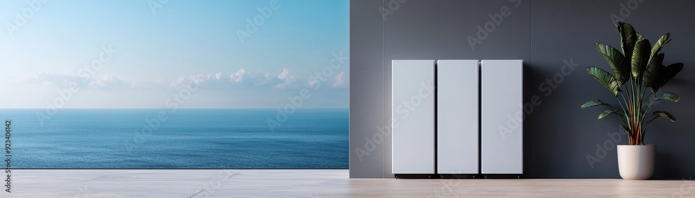 A serene interior scene showcasing a modern cabinet beside a large window with a stunning ocean view. A serene interior scene showcasing a modern cabinet beside a large window with a stunning ocean view.