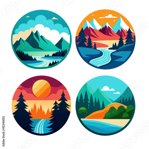 Stylized outdoor landscapes, circular backgrounds, trees, mountains, vector, cartoon


