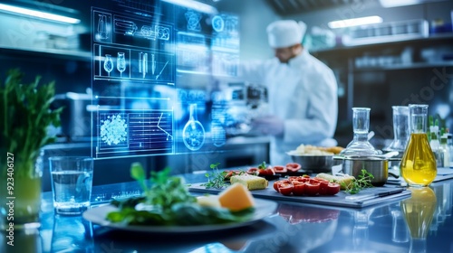 Fototapeta Naklejka Na Ścianę i Meble -  A high-tech kitchen with molecular gastronomy tools preparing gourmet dishes under laboratory conditions