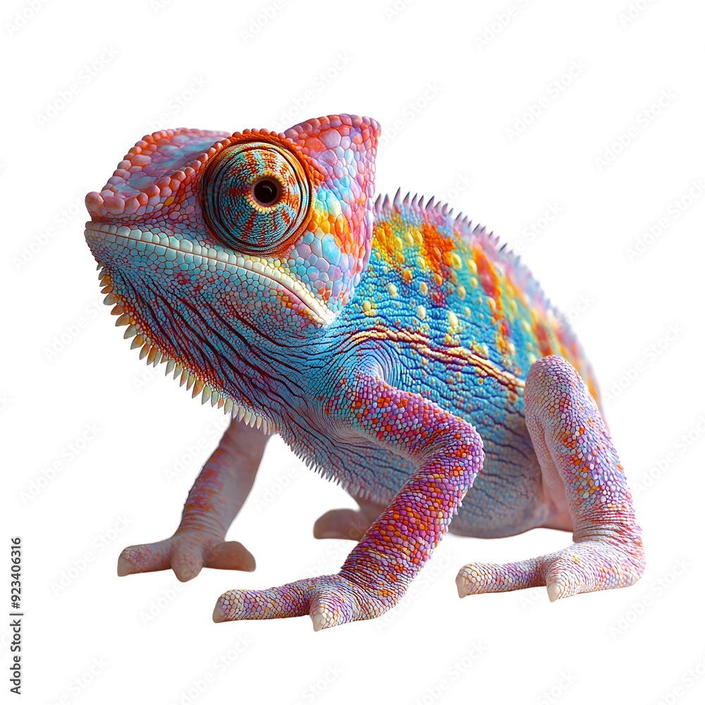 Obraz premium Vibrant Colorful Chameleon Reptile on Plain Transparent isolated png Background in High Detail Photography