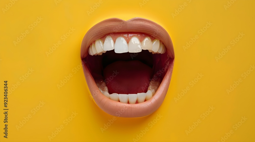 Fototapeta premium Open mouth with stylized teeth against a yellow background