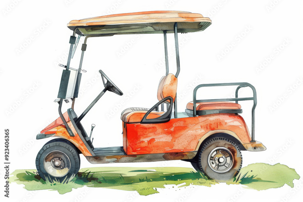 A watercolor illustration of a red golf cart parked on a green lawn. Children's Book Illustration A watercolor illustration of a red golf cart parked on a green lawn. Children's Book Illustration