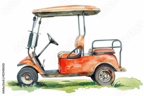A watercolor illustration of a red golf cart parked on a green lawn. Children's Book Illustration