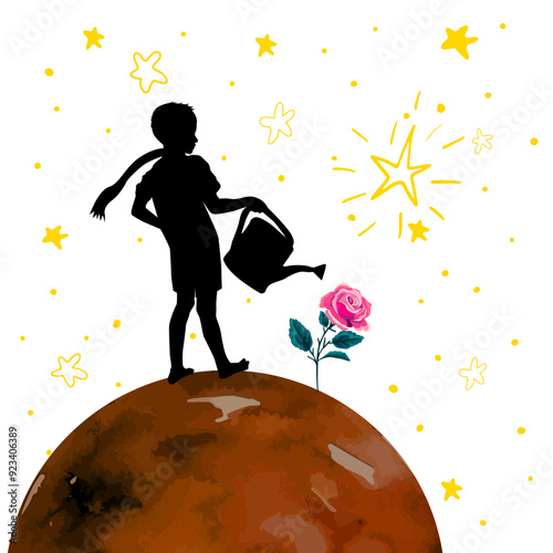 The boy is watering a rose. The Little Prince. hand drawing. Not AI Vector illustration.