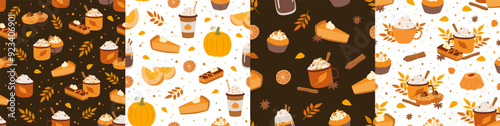 Set of autumn seamless pattern with hot beverage, cappuccino, pumpkin and cake. Vector illustration. Perfect for cafeteria, bakery, wrapping paper