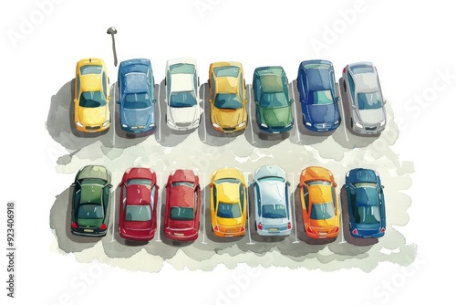 An illustration of a parking lot with a variety of colored cars parked in neat rows. Children's Book Illustration