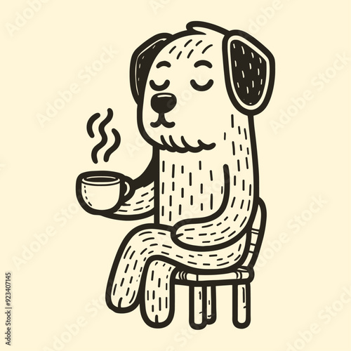 cartoon dog sitting on a chair with a coffee cup vintage sketch