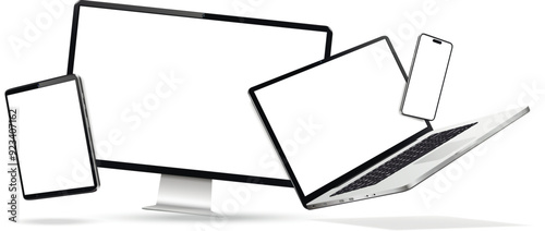 Modern smartphone, tablet, laptop and desktop computer with blank screens. Levitation effect