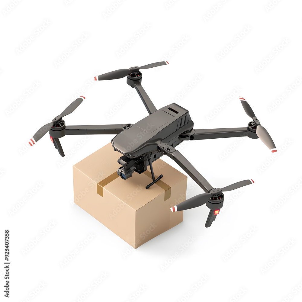 Drone with delivery box isolated on white background Drone with delivery box isolated on white background