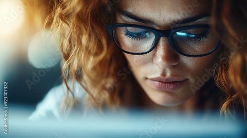 A focused woman with curly hair and glasses is deeply engrossed in reading. Her intense concentration and attention to detail are highlighted against a soft blurred background.