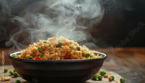 Steaming bowl of fried rice with vegetables on a wooden surface in a cozy kitchen setting