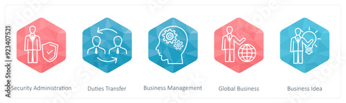 A set of 5 Business icons as security administrator, duties transfer, business management