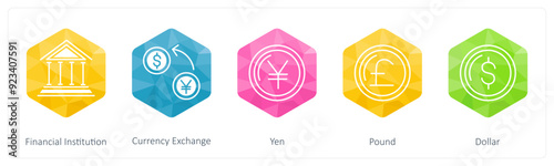 A set of 5 Business icons as financial institution, currency exchange, yen