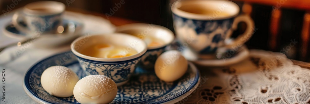 Close-up of delectable classic Portuguese Tulhinhas desserts with egg cream presented on an Azulejo plate beside a tea cup on a table. Close-up of delectable classic Portuguese Tulhinhas desserts with egg cream presented on an Azulejo plate beside a tea cup on a table.