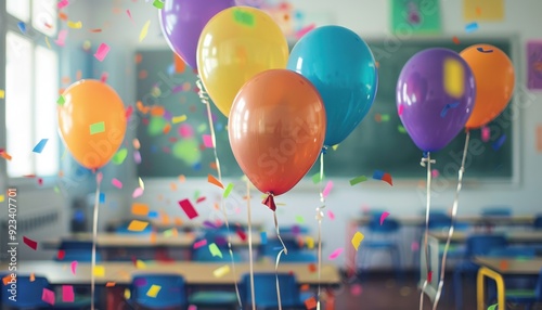Colorful balloons and confetti brighten a classroom during a celebration