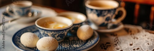 Close-up of delectable classic Portuguese Tulhinhas desserts with egg cream presented on an Azulejo plate beside a tea cup on a table.