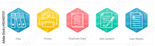 A set of 5 Business icons as files, printer, duplicate copy