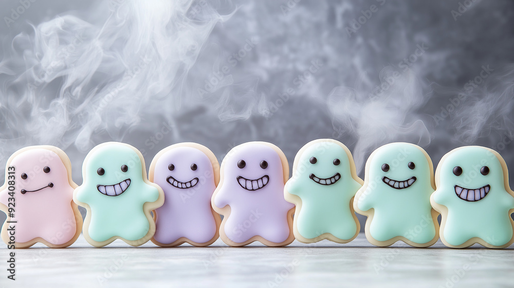 Playful parade of pastel ghost cookies marching across a misty gray background Playful parade of pastel ghost cookies marching across a misty gray background