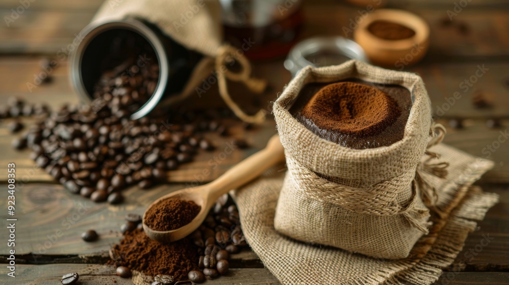 Coffee beans and ground coffee in rustic burlap sacks on wooden table Coffee beans and ground coffee in rustic burlap sacks on wooden table