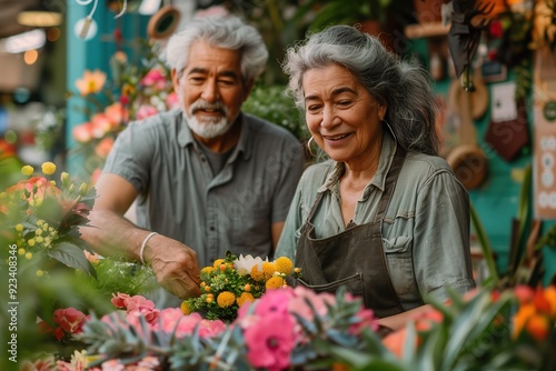 An older couple working together to arrange a bouquet of yellow flowers.