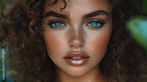 Charming model with curly hair and natural blue-green eyes, looking confidently at the camera. 