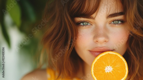 A vibrant close-up photo of a smiling woman holding a fresh orange slice near her face, highlighting her blue eyes and freckled complexion against a leafy background.