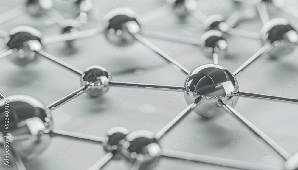 Close-up view of metallic spheres connected by thin rods in a scientific model on a light background Close-up view of metallic spheres connected by thin rods in a scientific model on a light background