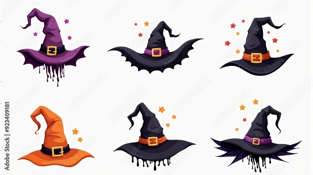 Naklejka premium Colorful Halloween Witch Hats Illustration with Stars - Perfect for Spooky Designs and Holiday Themes