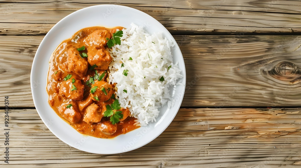 Plate of Indian Curry Butter Chicken and White Rice on a Wooden Table Plate of Indian Curry Butter Chicken and White Rice on a Wooden Table