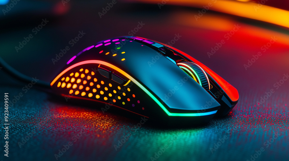 computer mouse, A gaming mouse with lighting, glowing in different colors, placed on a textured gaming computer mouse, A gaming mouse with lighting, glowing in different colors, placed on a textured gaming