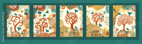 A set of paintings with decorative trees and birds. Decorative tree and birds. hand drawing. Not AI Vector illustration.