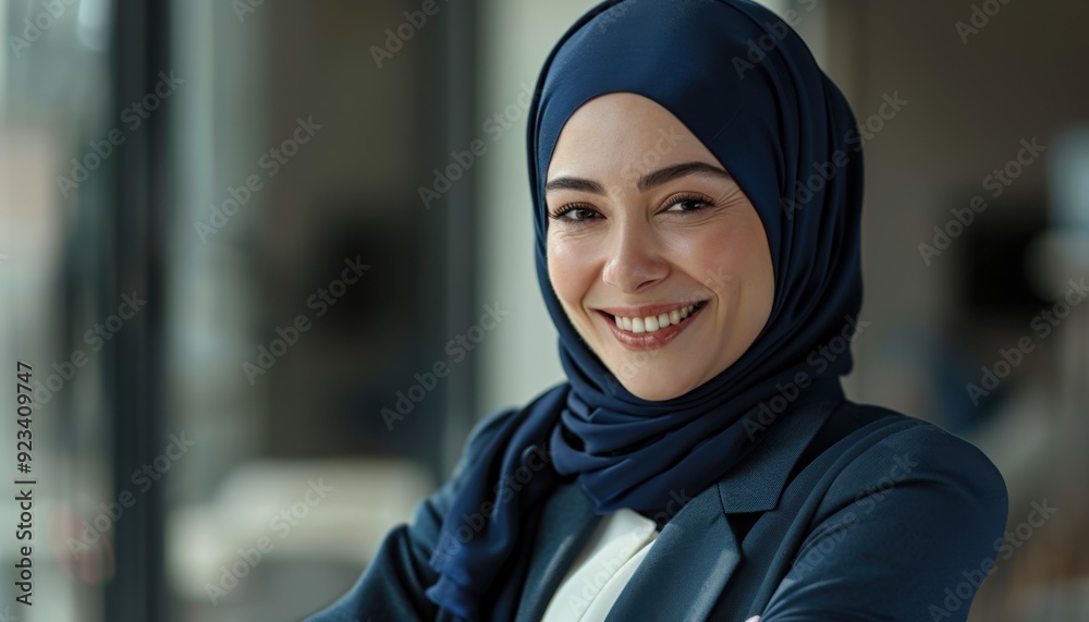 Confident professional woman smiling in an office setting during daylight hours Confident professional woman smiling in an office setting during daylight hours