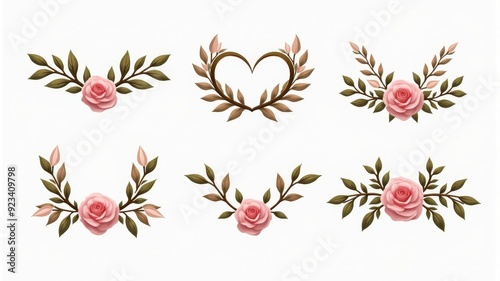 Beautiful Rose Floral Illustrations with Heart and Leaf Elements - Perfect for Wedding Invitations, Greeting Cards, and Decorative Designs