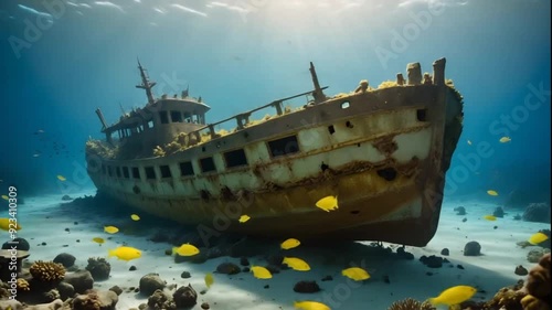 Loop of an underwater shipwreck with yellow fish swimming looping video