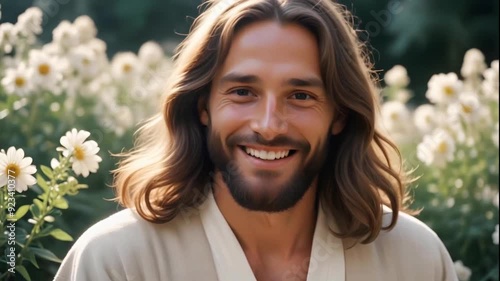 Loop of a smiling Jesus in a garden of flowers looping video
