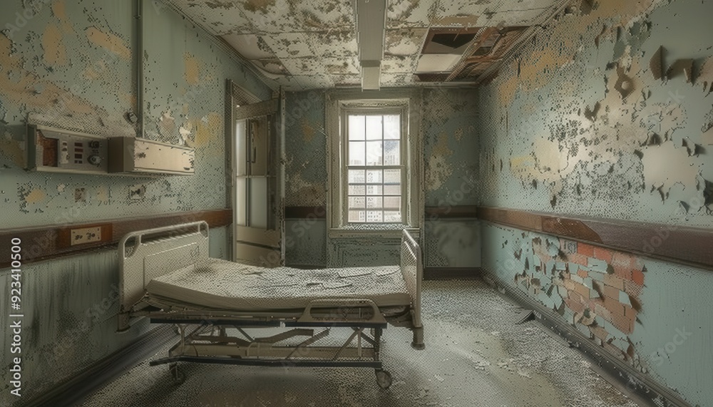 Abandoned hospital room with peeling paint and an empty bed in an old building during daylight