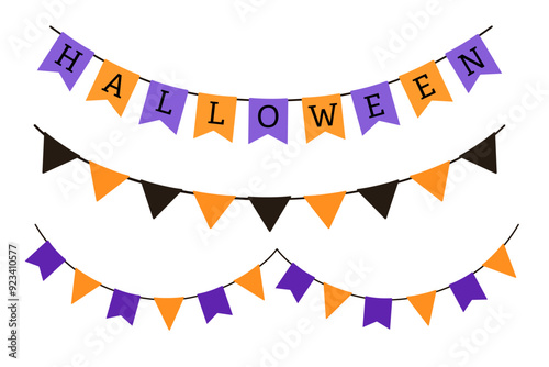 Halloween flags set. Vector pennant with letters isolated on white background. Hanging fall party garland.