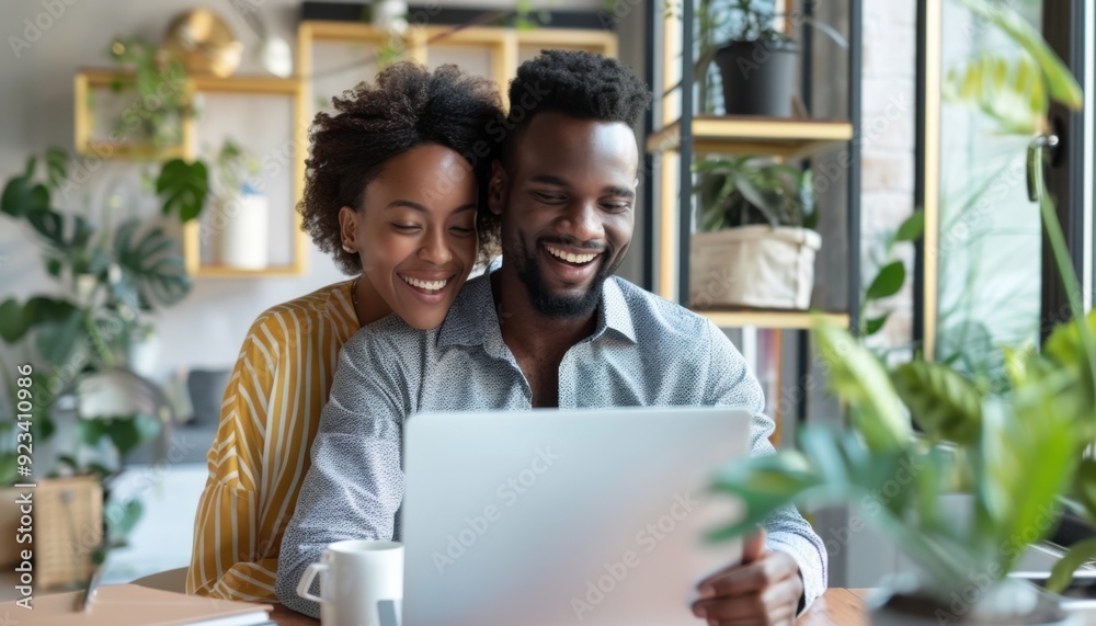 Couple enjoying quality time together while using a laptop in a cozy, green-filled home Couple enjoying quality time together while using a laptop in a cozy, green-filled home