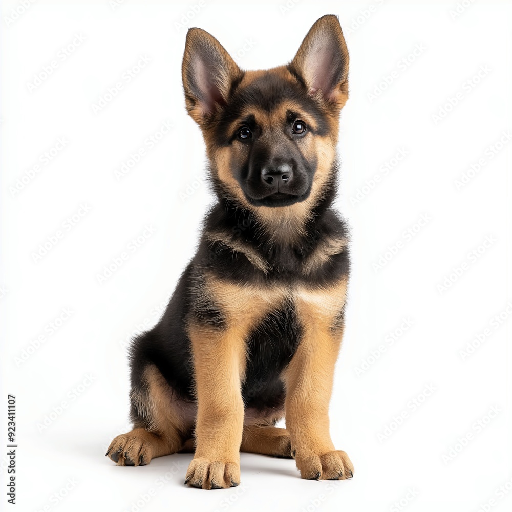 Cute German Shepherd puppy sitting isolated on white background, photorealistic with soft shadows, sharp focus. Cute German Shepherd puppy sitting isolated on white background, photorealistic with soft shadows, sharp focus.