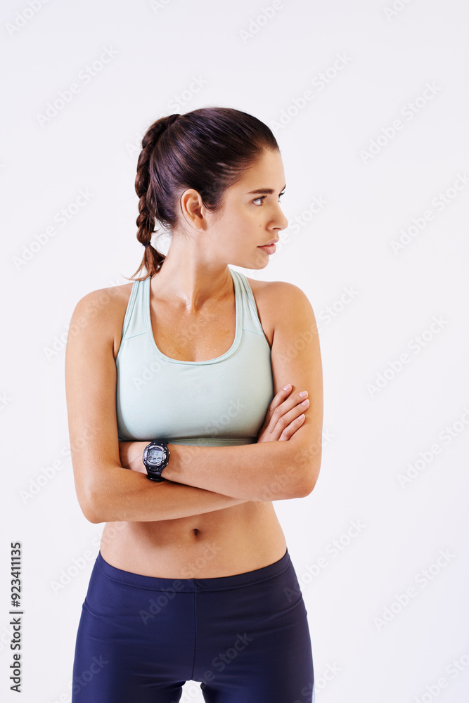 Woman, fitness and arms crossed with workout in studio on white background on break and isolated. Female person, relax and confident on exercise, training and warm up for health and wellbeing Woman, fitness and arms crossed with workout in studio on white background on break and isolated. Female person, relax and confident on exercise, training and warm up for health and wellbeing