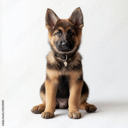 Cute German Shepherd puppy sitting isolated on white background, photorealistic with soft shadows, sharp focus.