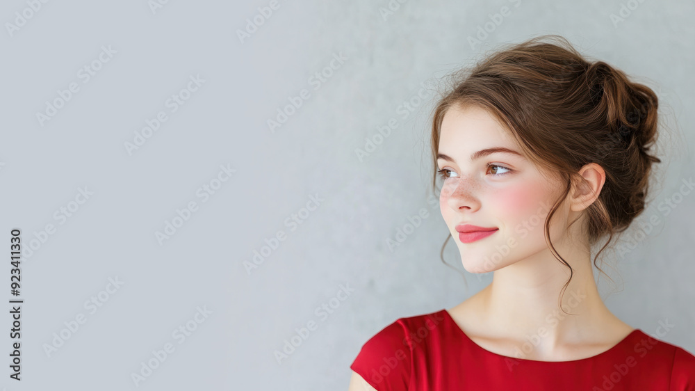 Australian woman wearing red silk dress isolated on gray background