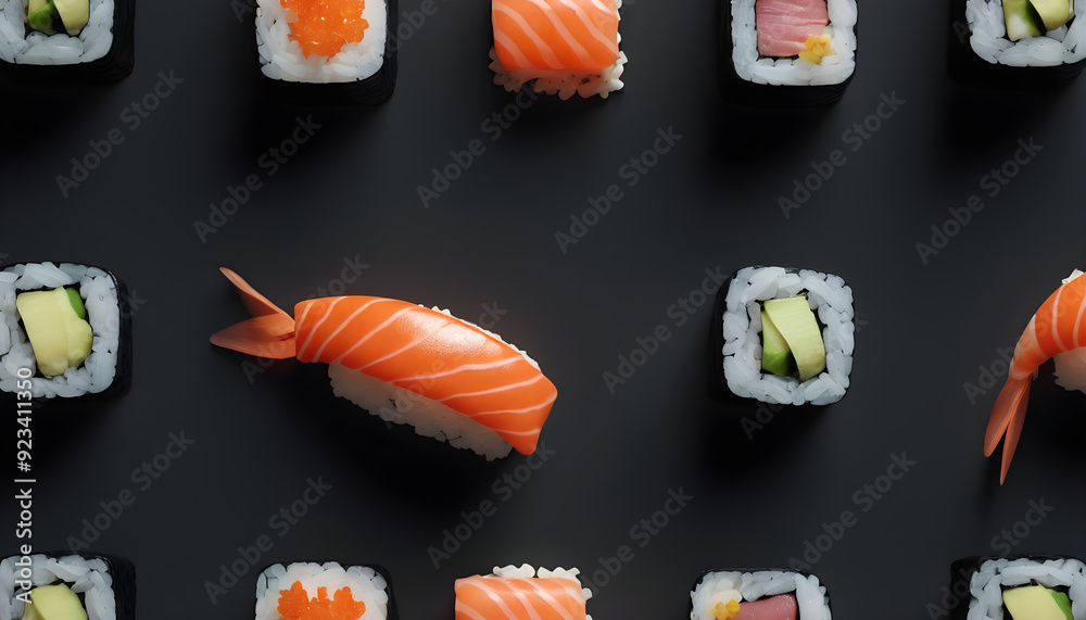 Sushi set. Sushi on a dark background. Asian, japanese cuisine. Rolls with salmon Sushi set. Sushi on a dark background. Asian, japanese cuisine. Rolls with salmon