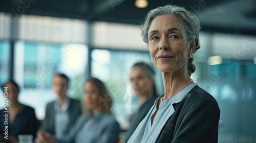 Senior caucasian woman with short grey hair smiling Indoor professional setting Engaged in conversation Warm lighting Networking event Business attire