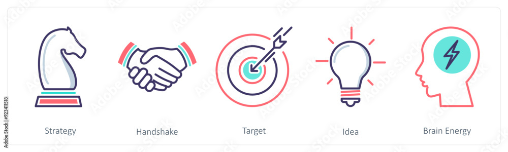 A set of 5 Business icons as strategy, handshake, target A set of 5 Business icons as strategy, handshake, target