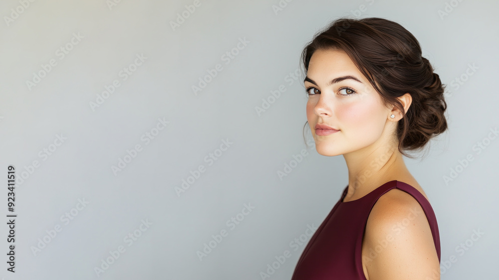 Canadian woman wearing red silk dress isolated on gray background Canadian woman wearing red silk dress isolated on gray background
