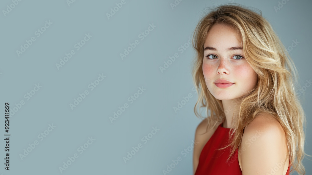 Caucasian woman wearing red silk dress isolated on gray background Caucasian woman wearing red silk dress isolated on gray background